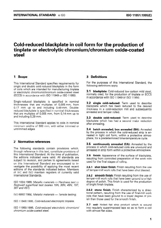 ISO 11951:1995 - Cold-reduced blackplate in coil form for the production of tinplate or electrolytic chromium/chromium oxide-coated steel