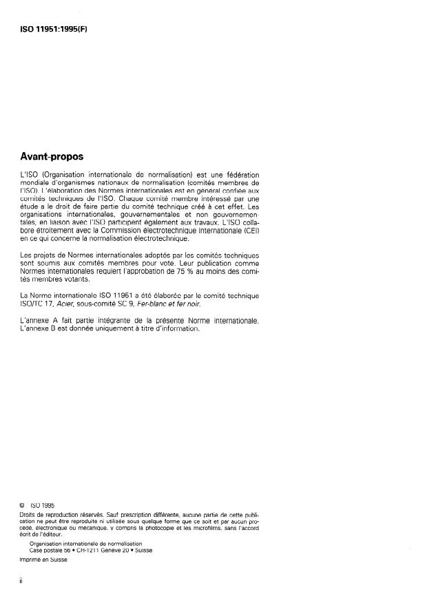 ISO 11951:1995 ISO 11951:1995 - Fer noir laminé a froid en bobines destiné a la fabrication de fer-blanc ou de fer chromé électrolytique - Page 2 preview