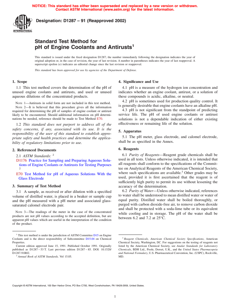 ASTM D1287-91(2002) - Standard Test Method for pH of Engine Coolants and Antirusts