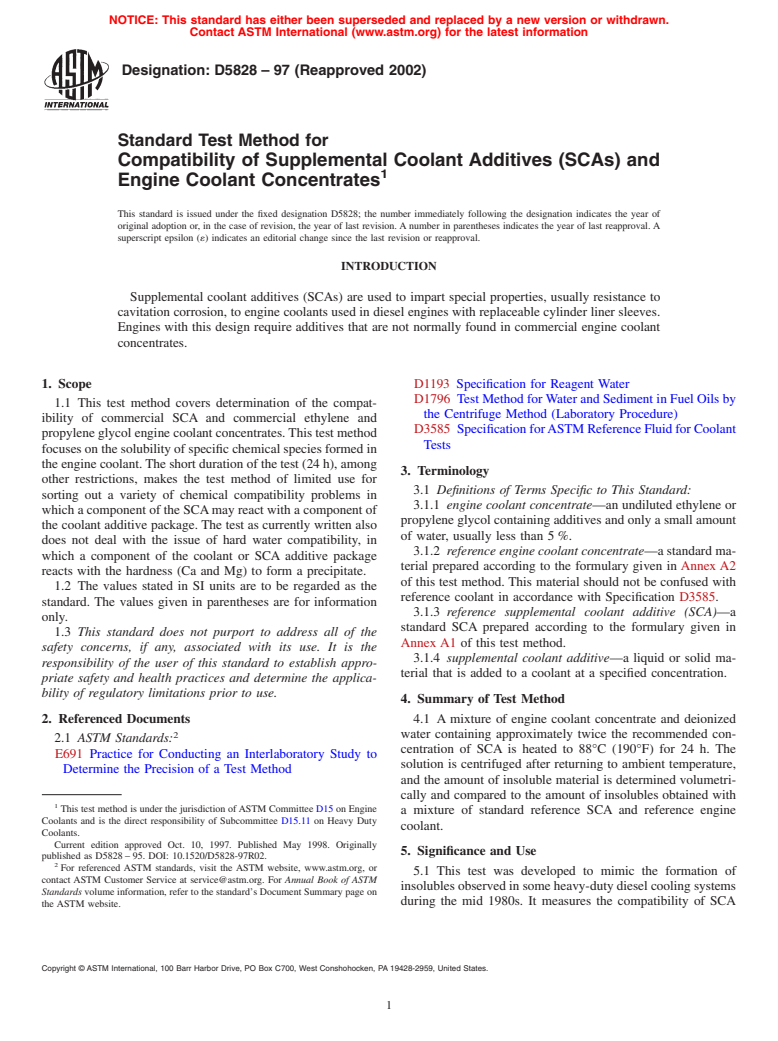 ASTM D5828-97(2002) - Standard Test Method for Compatibility of Supplemental Coolant Additives (SCAs) and Engine Coolant Concentrates