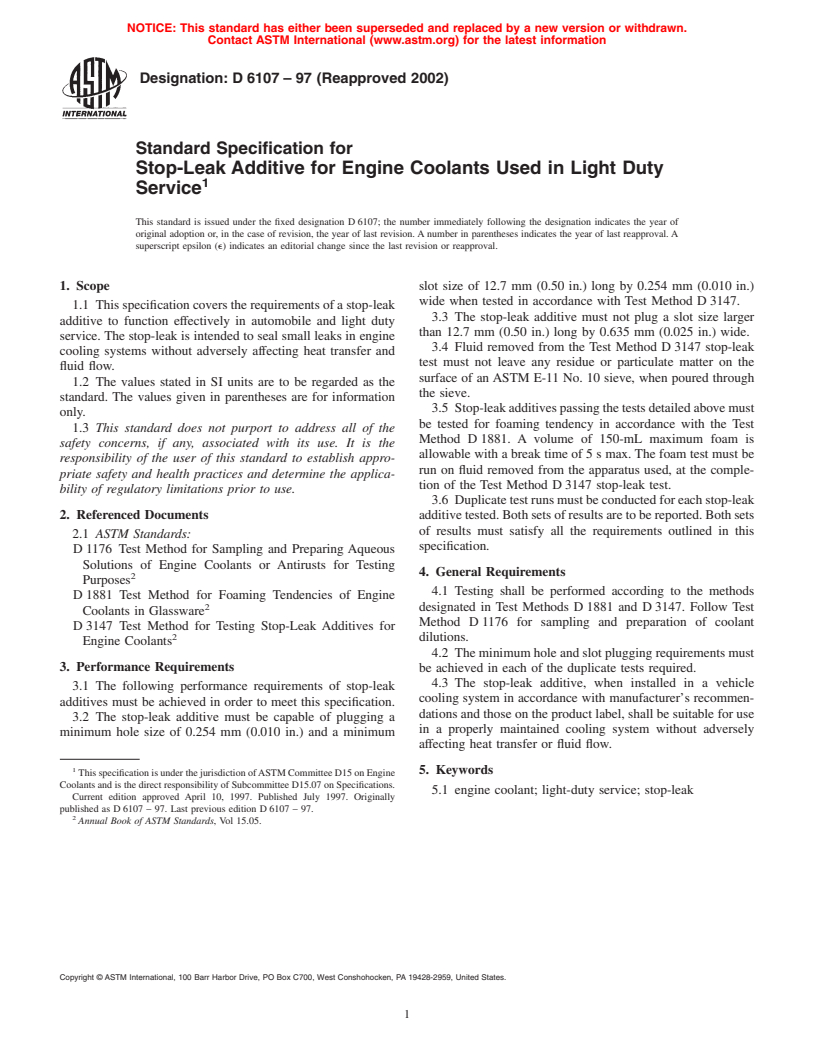 ASTM D6107-97(2002) - Standard Specification for Stop-Leak Additive for Engine Coolants Used in Light Duty Service