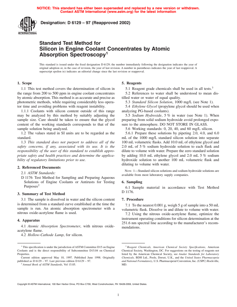 ASTM D6129-97(2002) - Standard Test Method for Silicon in Engine Coolant Concentrates by Atomic Absorption Spectroscopy