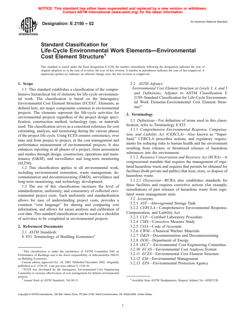 ASTM E2150-02 - Standard Classification for Life-Cycle Environmental Work Elements&#8212;Environmental Cost Element Structure