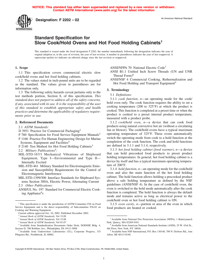 ASTM F2202-02 - Standard Specification for Slow Cook/Hold Ovens and Hot Food Holding Cabinets