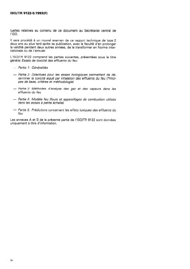 ISO/TR 9122-5:1993 ISO/TR 9122-5:1993 - Essais de toxicité des effluents du feu - Page 4 preview