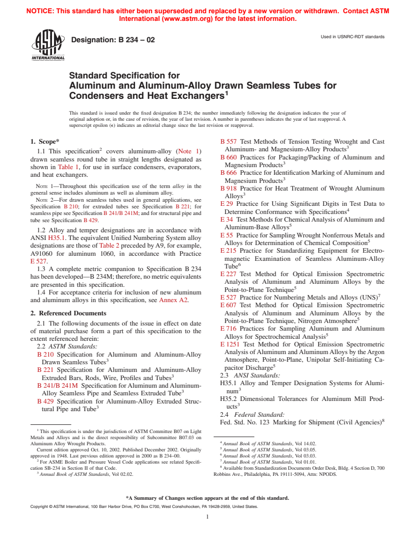 ASTM B234-02 - Standard Specification for Aluminum and Aluminum-Alloy Drawn Seamless Tubes for Condensers and Heat Exchangers