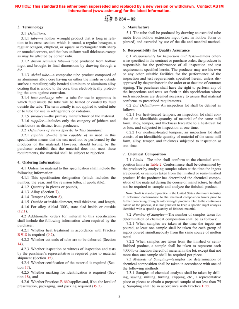 ASTM B234-02 - Standard Specification for Aluminum and Aluminum-Alloy Drawn Seamless Tubes for Condensers and Heat Exchangers