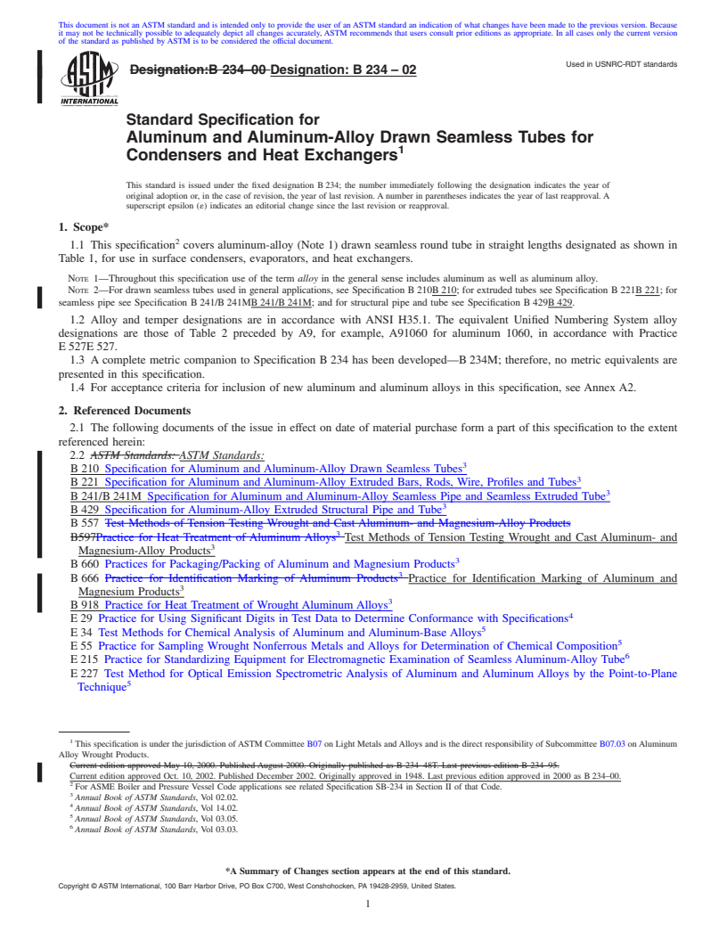 REDLINE ASTM B234-02 - Standard Specification for Aluminum and Aluminum-Alloy Drawn Seamless Tubes for Condensers and Heat Exchangers