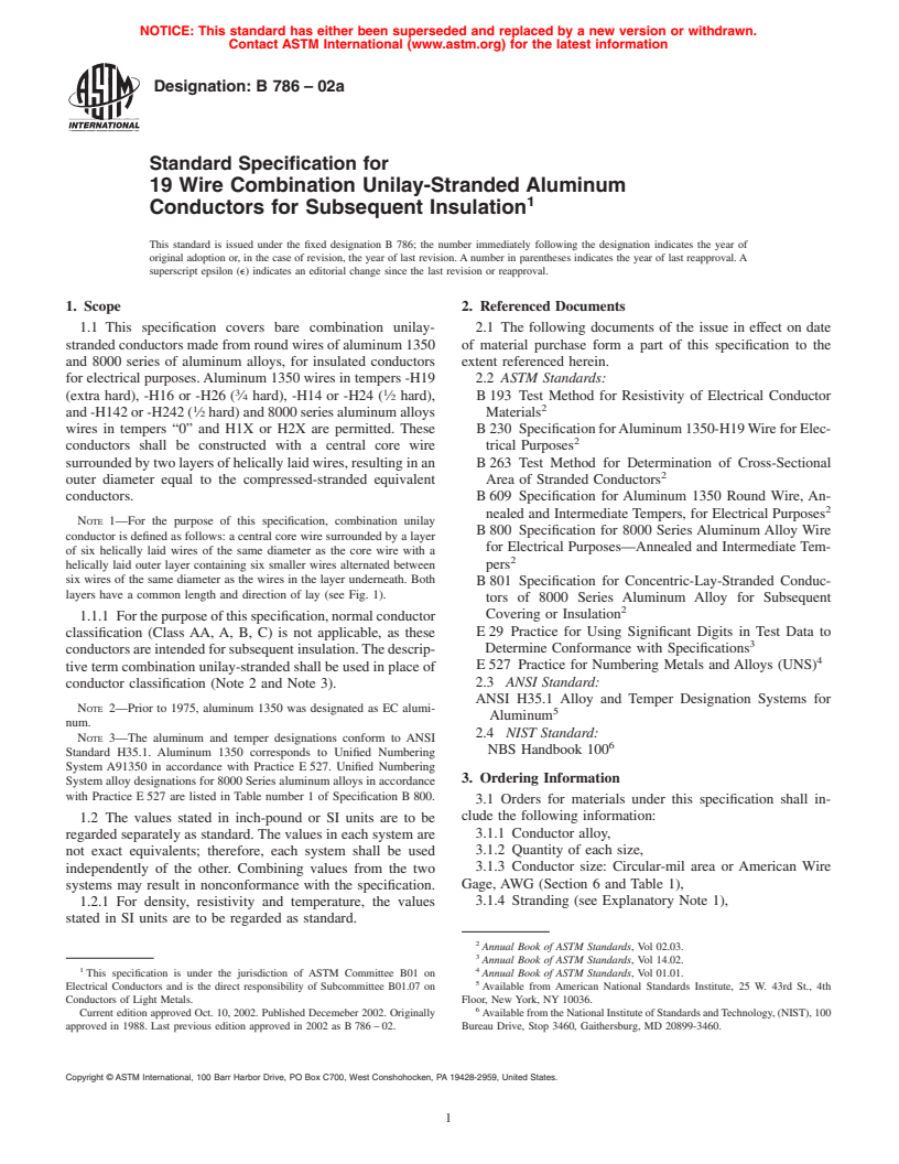 ASTM B786-02a - Standard Specification for 19 Wire Combination Unilay-Stranded Aluminum Conductors for Subsequent Insulation