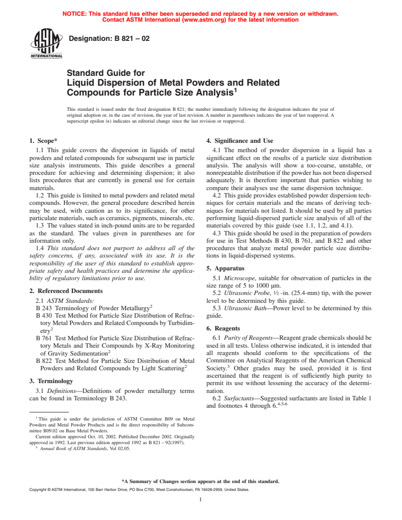 ASTM B821-02 - Standard Guide for Liquid Dispersion of Metal Powders and Related Compounds for Particle Size Analysis