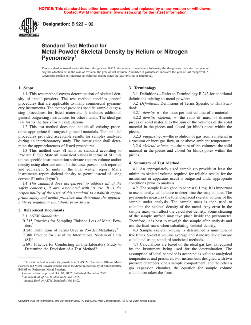 ASTM B923-02 - Standard Test Method for Metal Powder Skeletal Density by Helium or Nitrogen Pycnometry