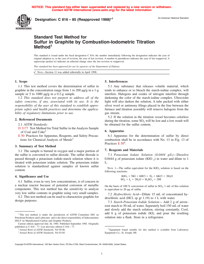 ASTM C816-85(1998)e1 - Standard Test Method for Sulfur in Graphite by Combustion-Iodometric Titration Method