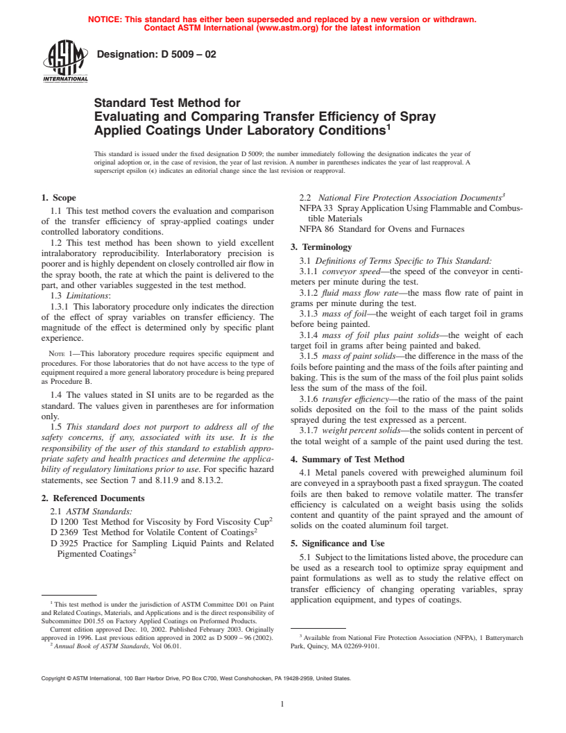 ASTM D5009-02 - Standard Test Method for Evaluating and Comparing Transfer Efficiency of Spray Applied Coatings Under Laboratory Conditions