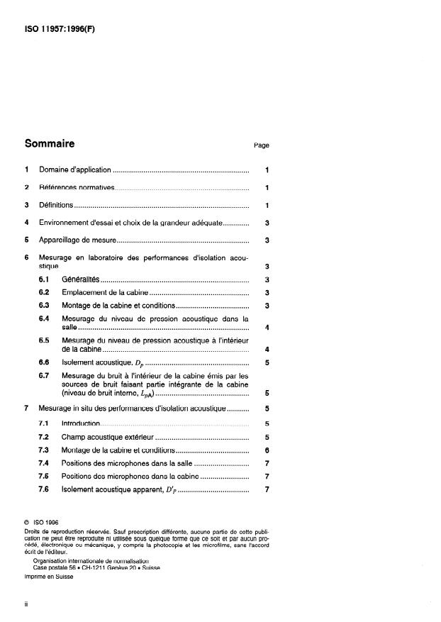 ISO 11957:1996 ISO 11957:1996 - Acoustique -- Détermination des performances d'isolation acoustique des cabines -- Mesurages en laboratoire et in situ - Page 2 preview