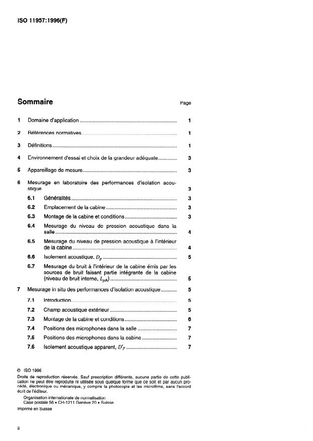 ISO 11957:1996 ISO 11957:1996 - Acoustique -- Détermination des performances d'isolation acoustique des cabines -- Mesurages en laboratoire et in situ - Page 2 preview