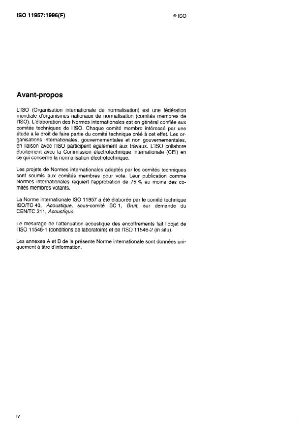 ISO 11957:1996 ISO 11957:1996 - Acoustique -- Détermination des performances d'isolation acoustique des cabines -- Mesurages en laboratoire et in situ - Page 4 preview