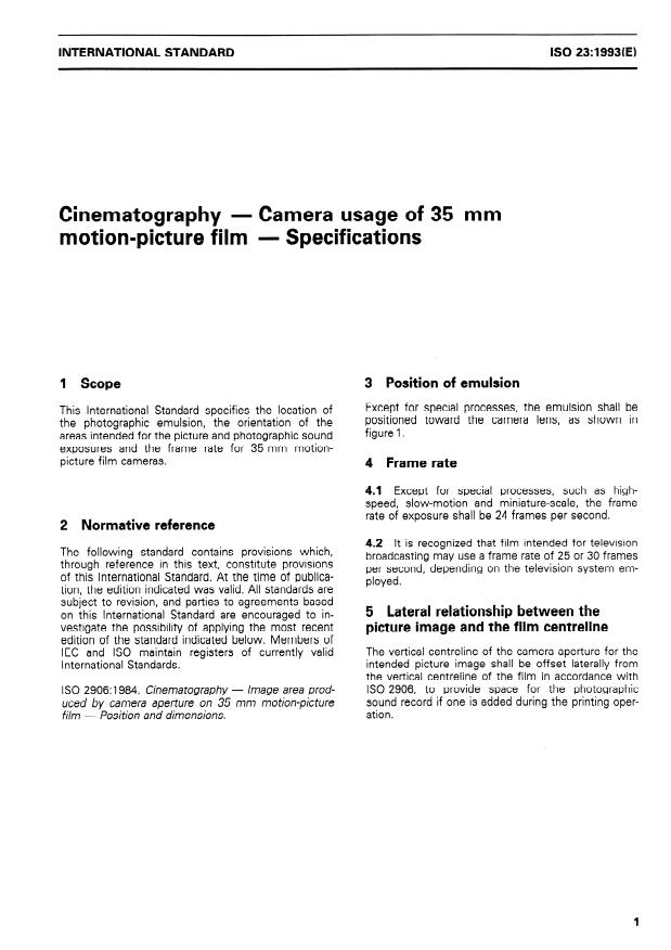 ISO 23:1993 - Cinematography -- Camera usage of 35 mm motion-picture film -- Specifications