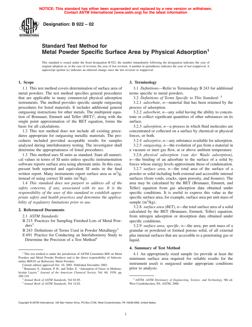 ASTM B922-02 - Standard Test Method for Metal Powder Specific Surface Area by Physical Adsorption