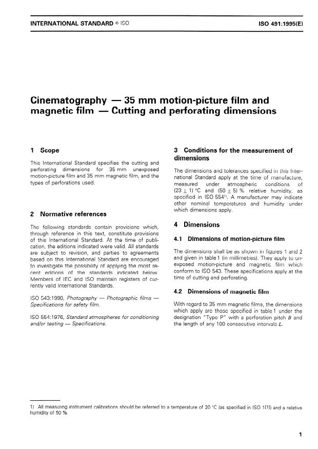 ISO 491:1995 - Cinematography -- 35 mm motion-picture film and magnetic film -- Cutting and perforating dimensions
