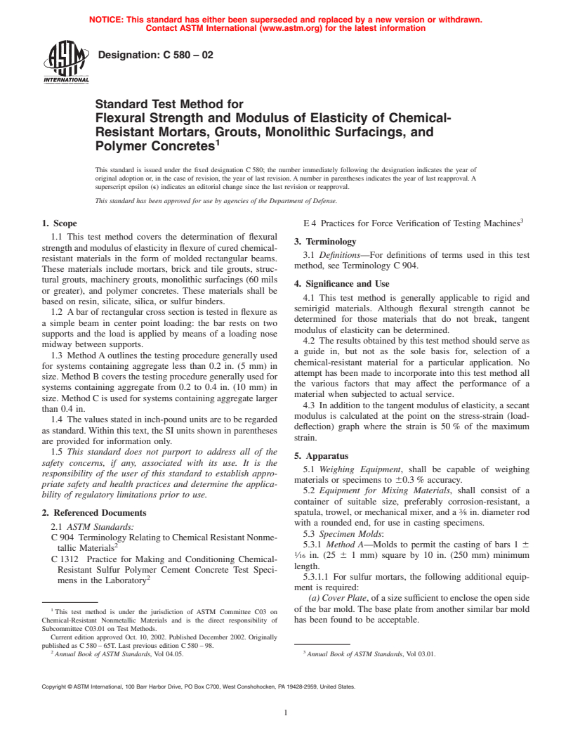 ASTM C580-02 - Standard Test Method for Flexural Strength and Modulus of Elasticity of Chemical-Resistant Mortars, Grouts, Monolithic Surfacings, and Polymer Concretes