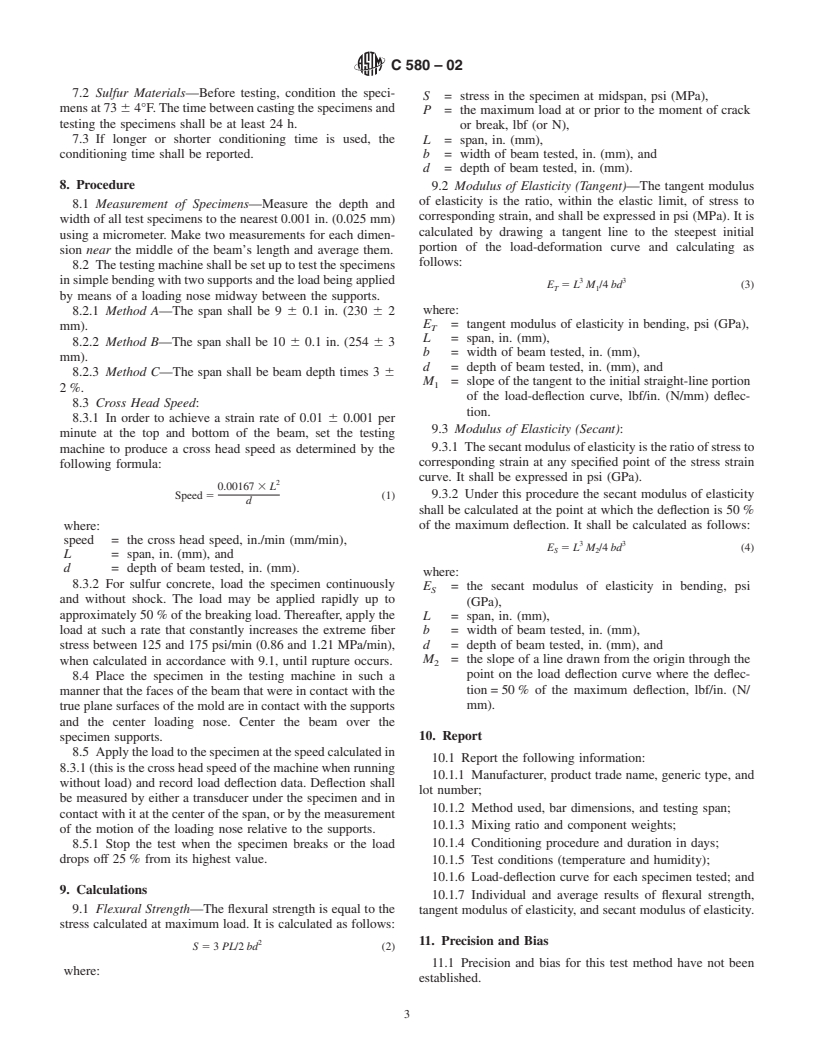 ASTM C580-02 - Standard Test Method for Flexural Strength and Modulus of Elasticity of Chemical-Resistant Mortars, Grouts, Monolithic Surfacings, and Polymer Concretes