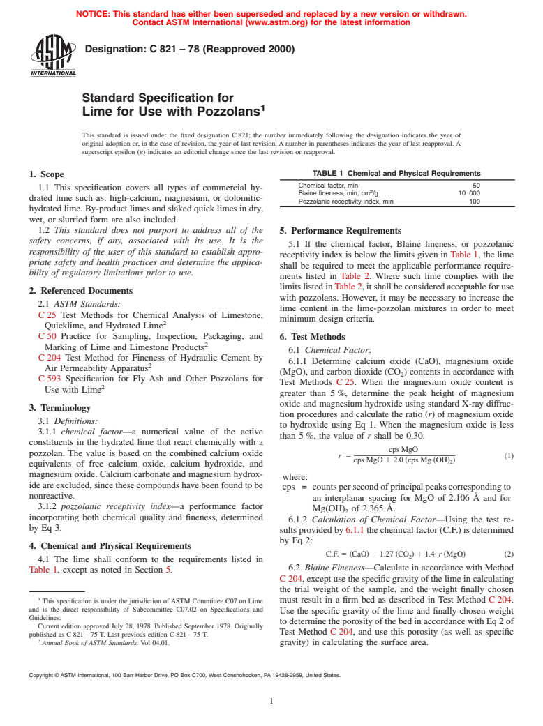 ASTM C821-78(2000) - Standard Specification for Lime for Use with Pozzolans (Withdrawn 2009)