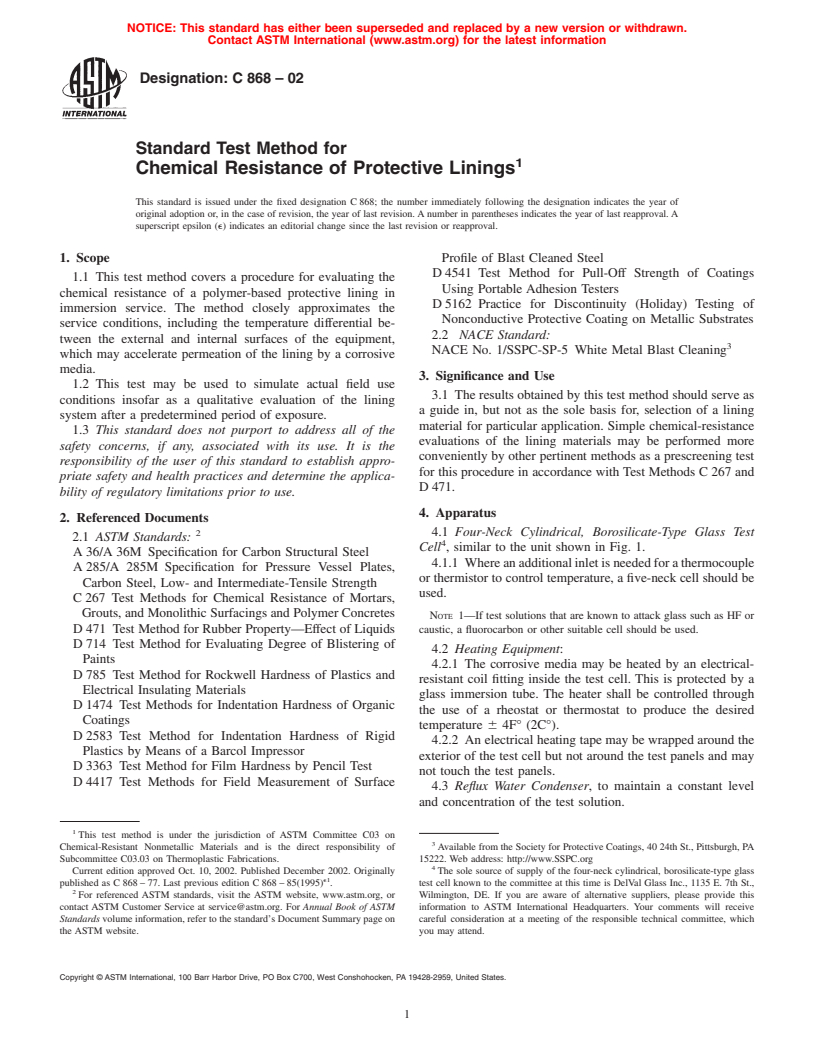 ASTM C868-02 - Standard Test Method for Chemical Resistance of Protective Linings