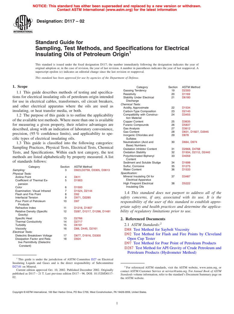 ASTM D117-02 - Standard Guide for Sampling, Test Methods, and Specifications for Electrical Insulating Oils of Petroleum Origin