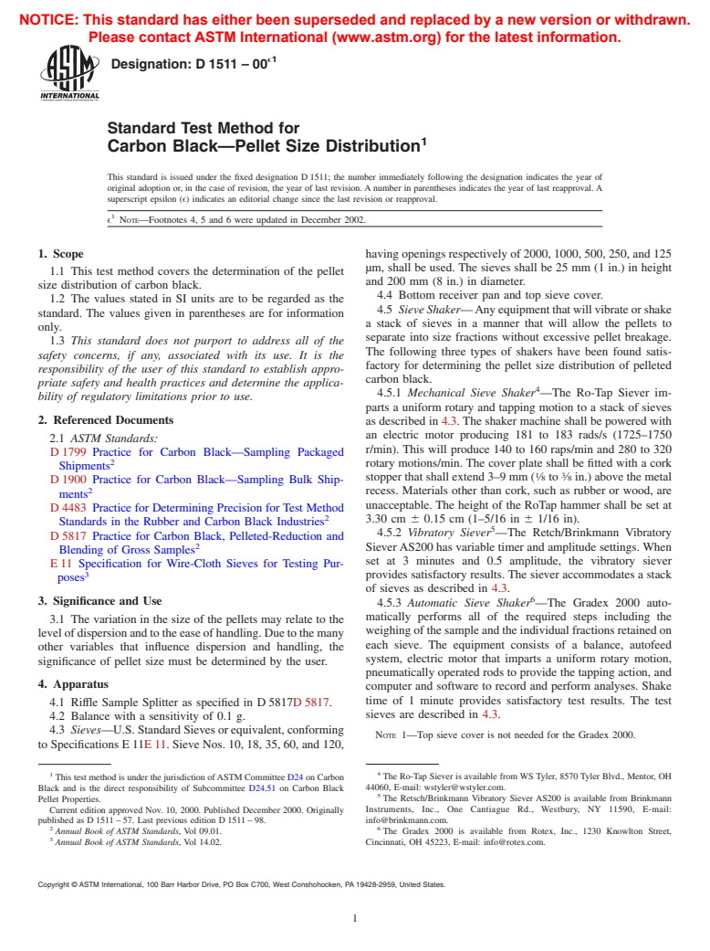 ASTM D1511-00e1 - Standard Test Method for Carbon Black-Pellet Size Distribution