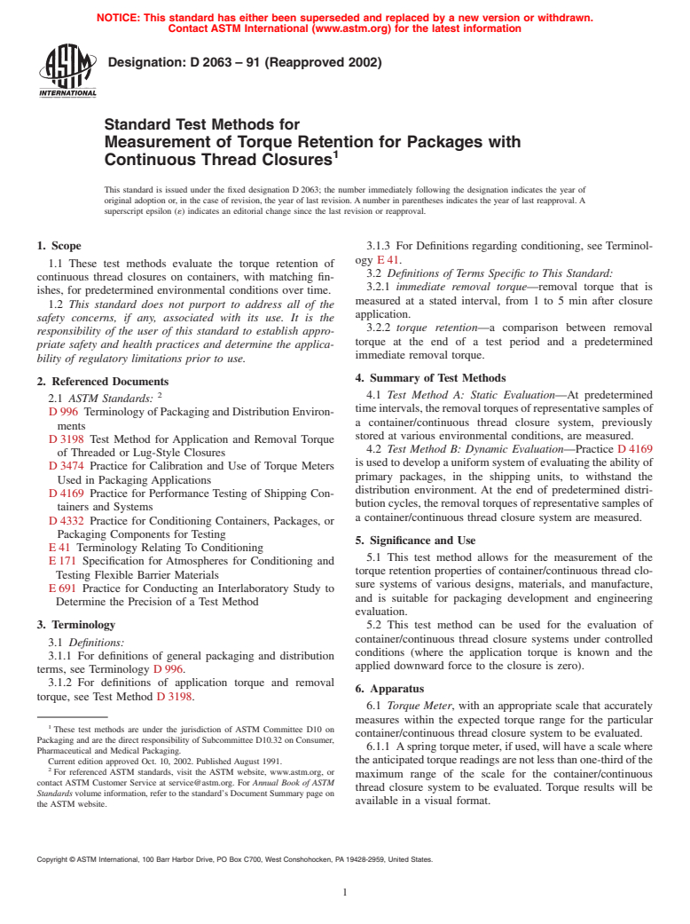 ASTM D2063-91(2002) - Standard Test Methods for Measurement of Torque Retention for Packages with Continuous Thread Closures