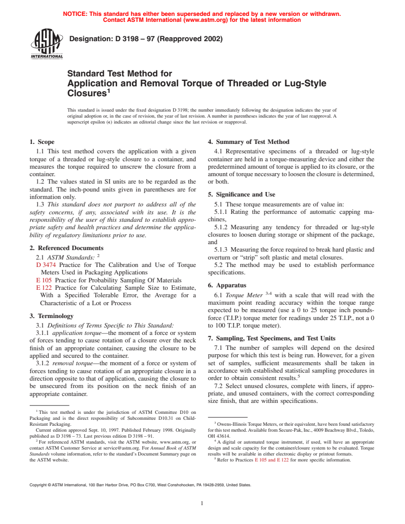 ASTM D3198-97(2002) - Standard Test Method for Application and Removal Torque of Threaded or Lug-Style Closures