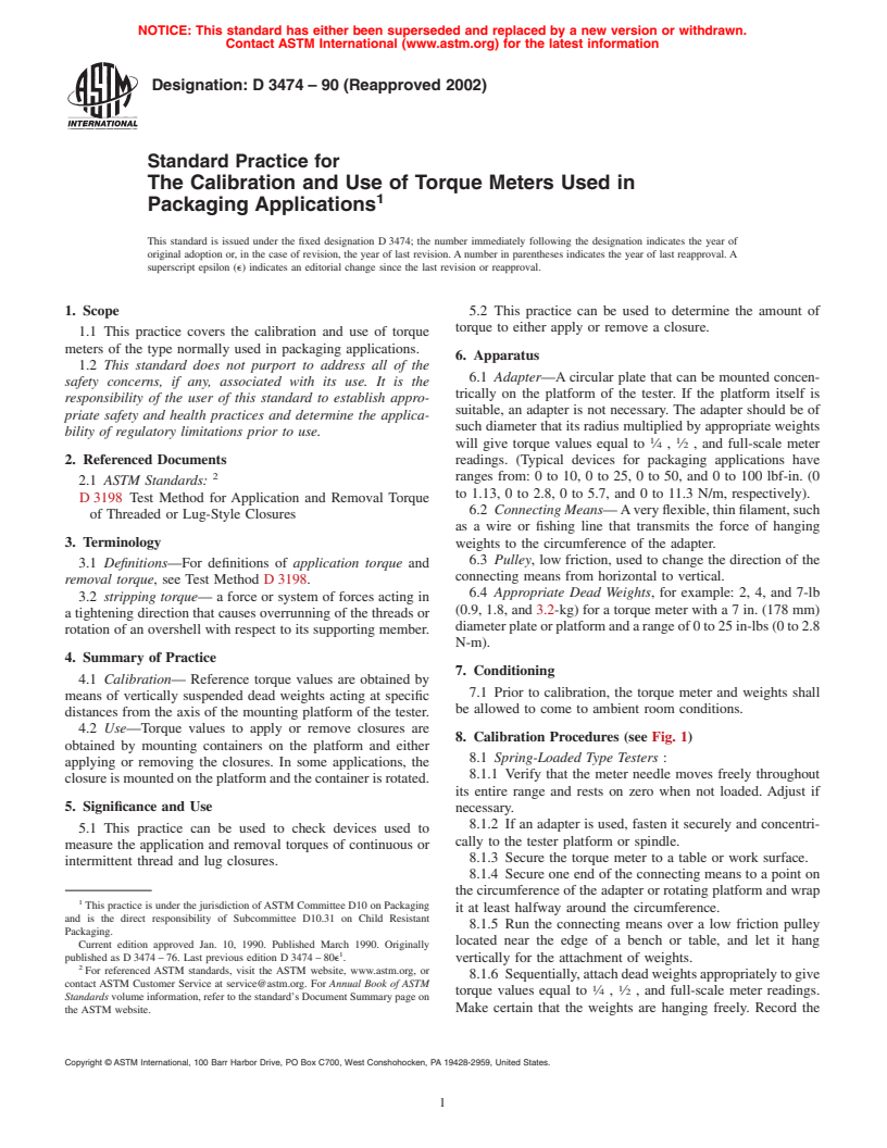 ASTM D3474-90(2002) - Standard Practice for The Calibration and Use of Torque Meters Used in Packaging Applications