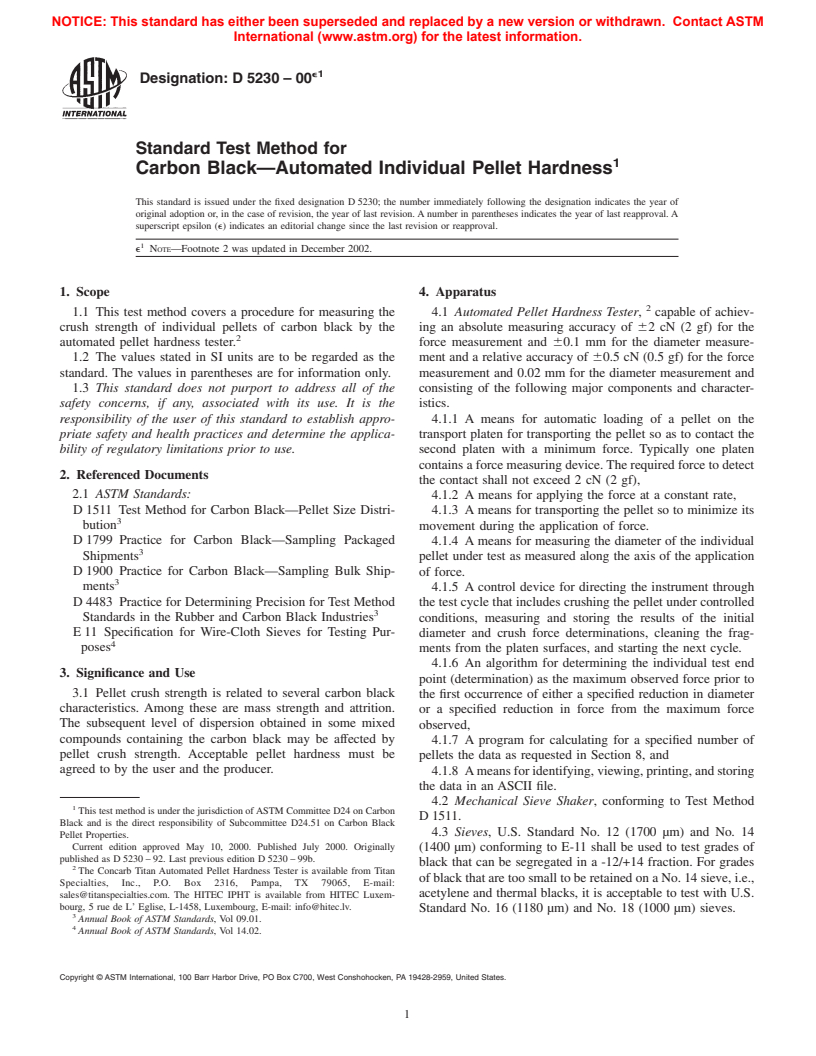 ASTM D5230-00e1 - Standard Test Method for Carbon Black&#8212;Automated Individual Pellet Hardness