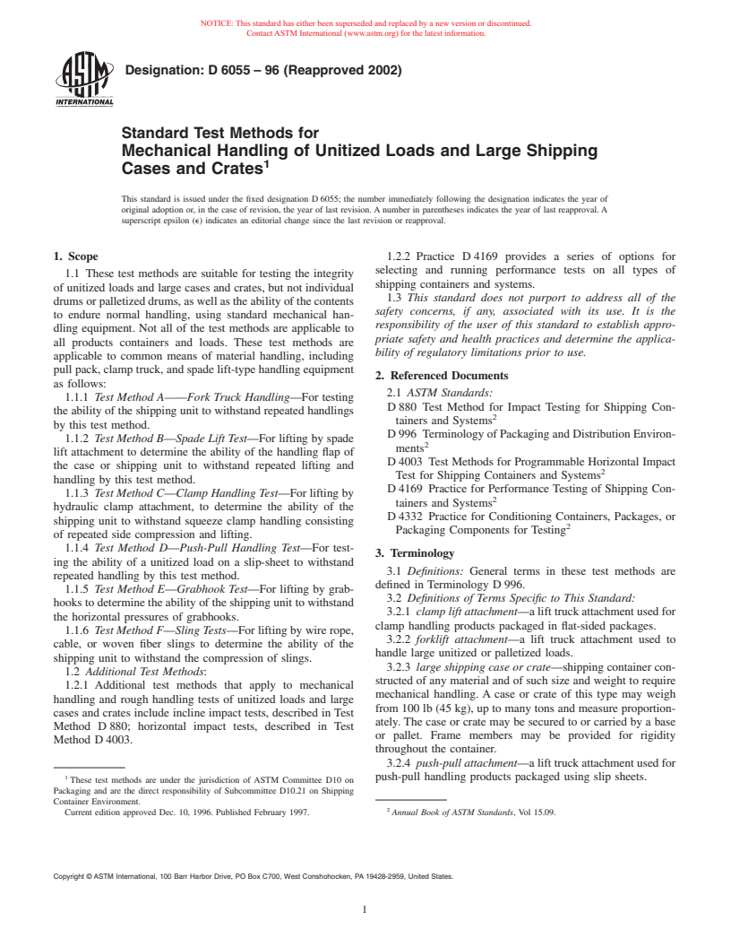 ASTM D6055-96(2002) - Standard Test Methods for Mechanical Handling of Unitized Loads and Large Shipping Cases and Crates