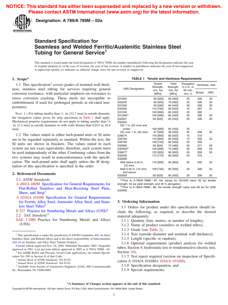 ASTM A789/A789M-02a - Standard Specification for Seamless and Welded Ferritic/Austenitic Stainless Steel Tubing for General Service