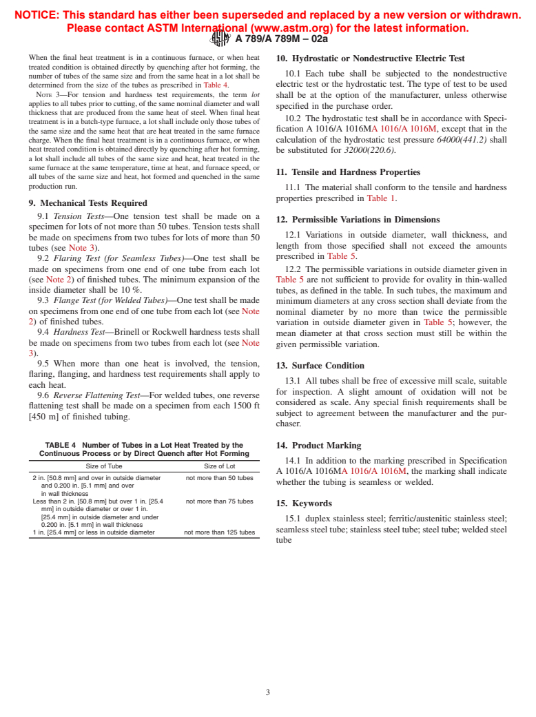 ASTM A789/A789M-02a - Standard Specification for Seamless and Welded Ferritic/Austenitic Stainless Steel Tubing for General Service