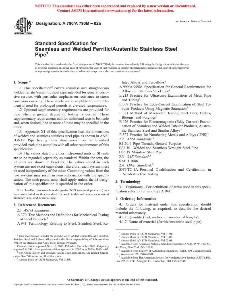 ASTM A790/A790M-02a - Standard Specification for Seamless and Welded Ferritic/Austenitic Stainless Steel Pipe