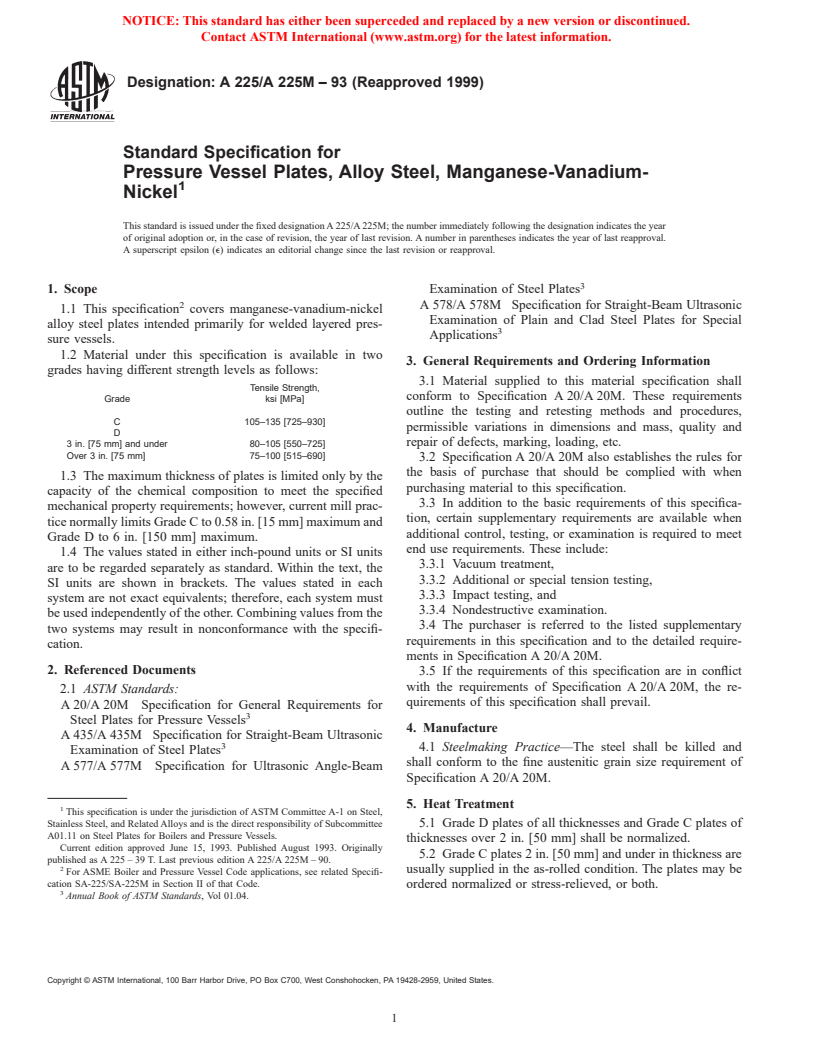 ASTM A225/A225M-93(1999) - Standard Specification for Pressure Vessel Plates, Alloy Steel, Manganese-Vanadium-Nickel