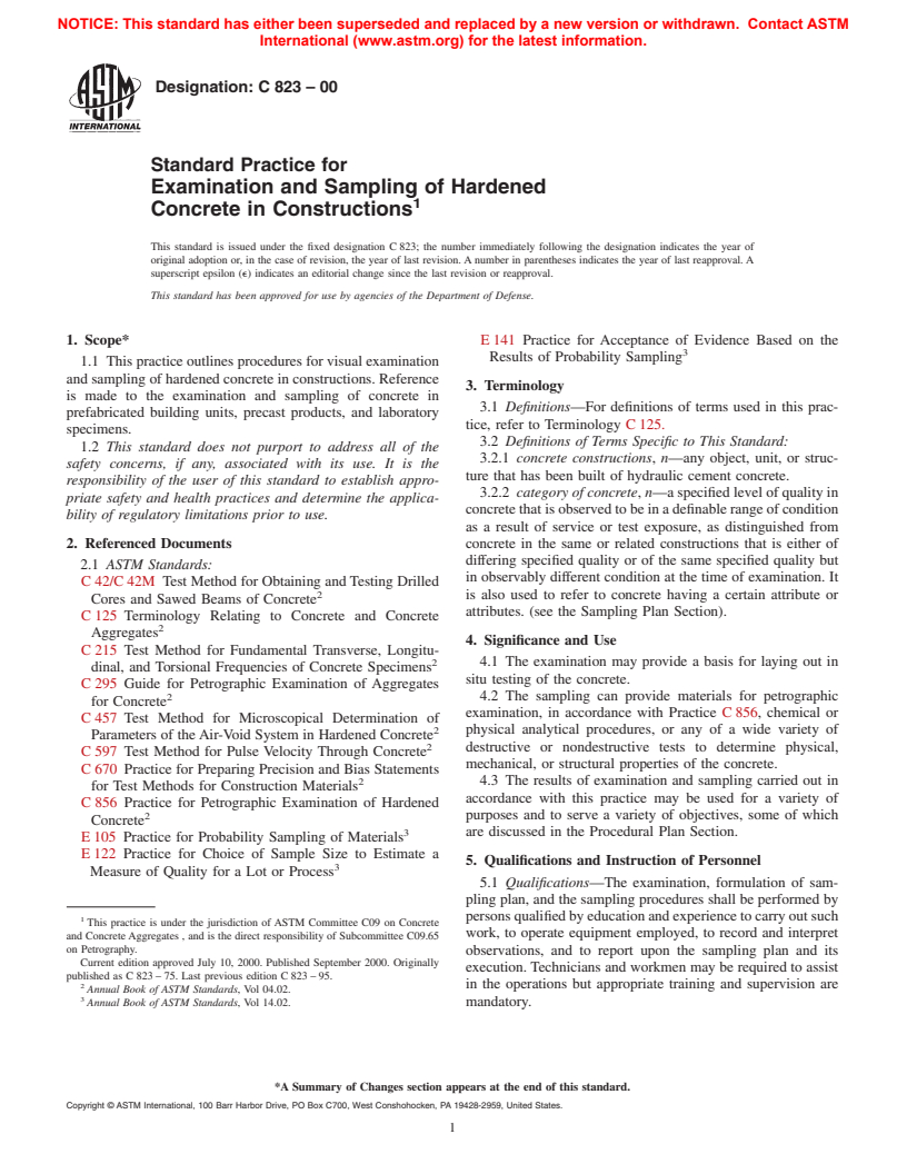 ASTM C823-00 - Standard Practice for Examination and Sampling of Hardened Concrete in Constructions