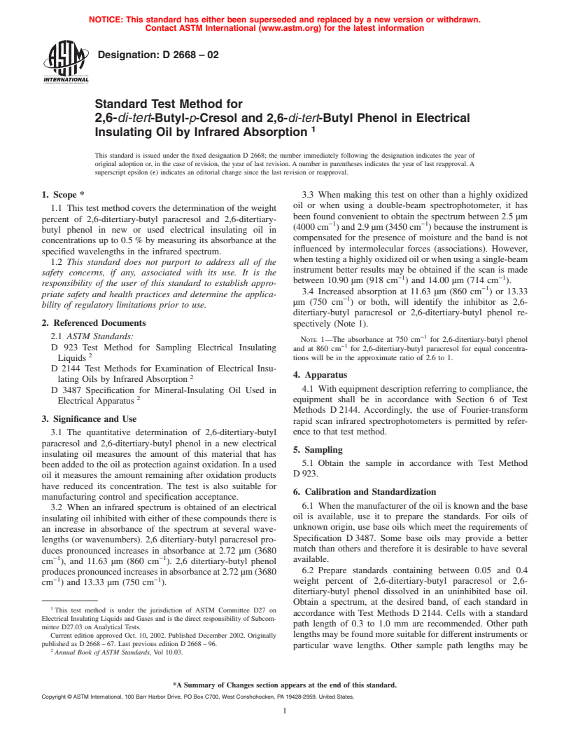 ASTM D2668-02 - Standard Test Method for 2,6-<i>di-tert</i>-Butyl-<i> p</i>-Cresol and 2,6-<ital>di-tert</ital>-Butyl Phenol in Electrical Insulating Oil by Infrared Absorption