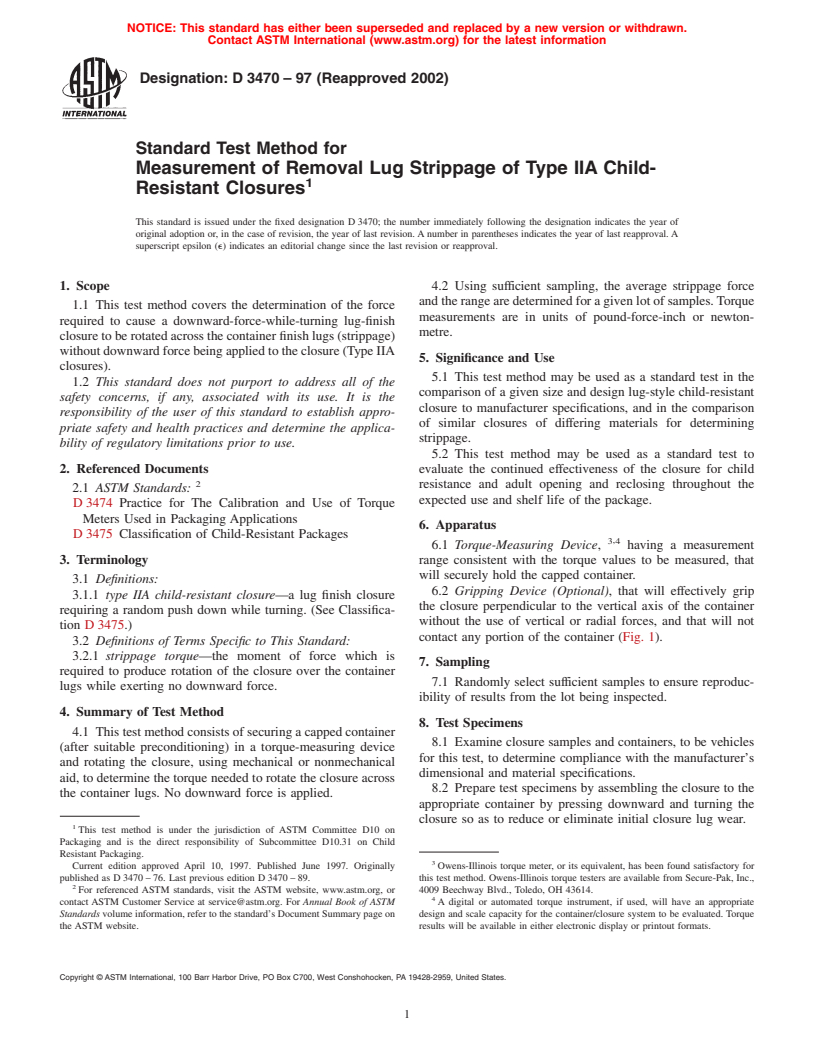 ASTM D3470-97(2002) - Standard Test Method for Measurement of Removal Lug Strippage of Type IIA Child-Resistant Closures