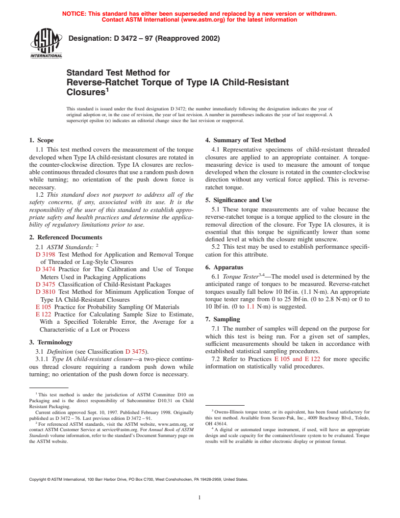 ASTM D3472-97(2002) - Standard Test Method for Reverse-Ratchet Torque of Type IA Child-Resistant Closures