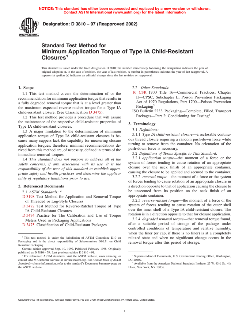 ASTM D3810-97(2002) - Standard Test Method for Minimum Application Torque of Type IA Child-Resistant Closures