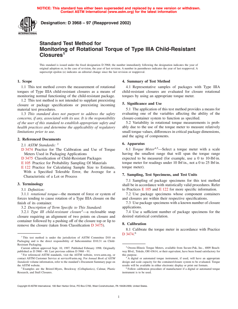 ASTM D3968-97(2002) - Standard Test Method for Monitoring of Rotational Torque of Type IIIA Child-Resistant Closures