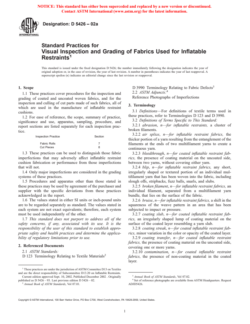 ASTM D5426-02a - Standard Practices for Visual Inspection and Grading of Fabrics Used for Inflatable Restraints