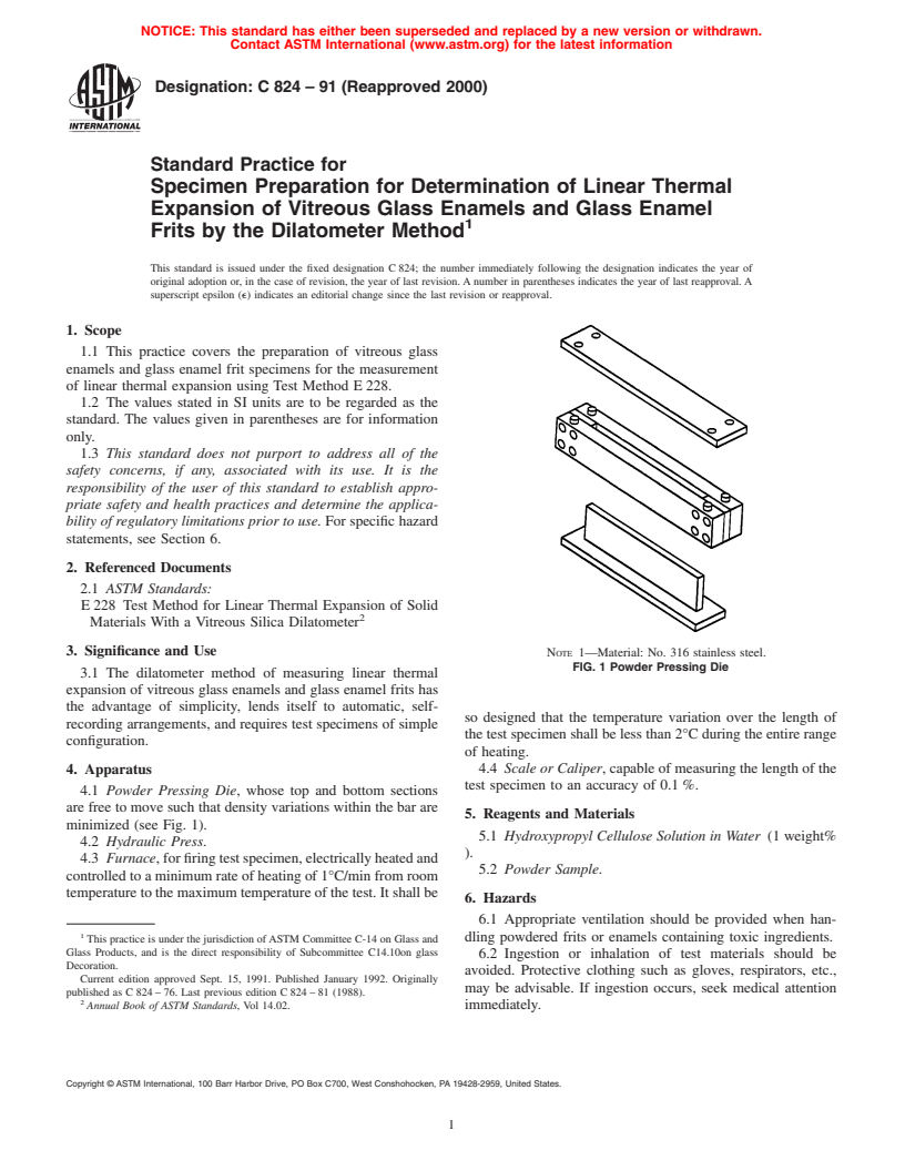 ASTM C824-91(2000) - Standard Practice for Specimen Preparation for Determination of Linear Thermal Expansion of Vitreous Glass Enamels and Glass Enamel Frits by the Dilatometer Method