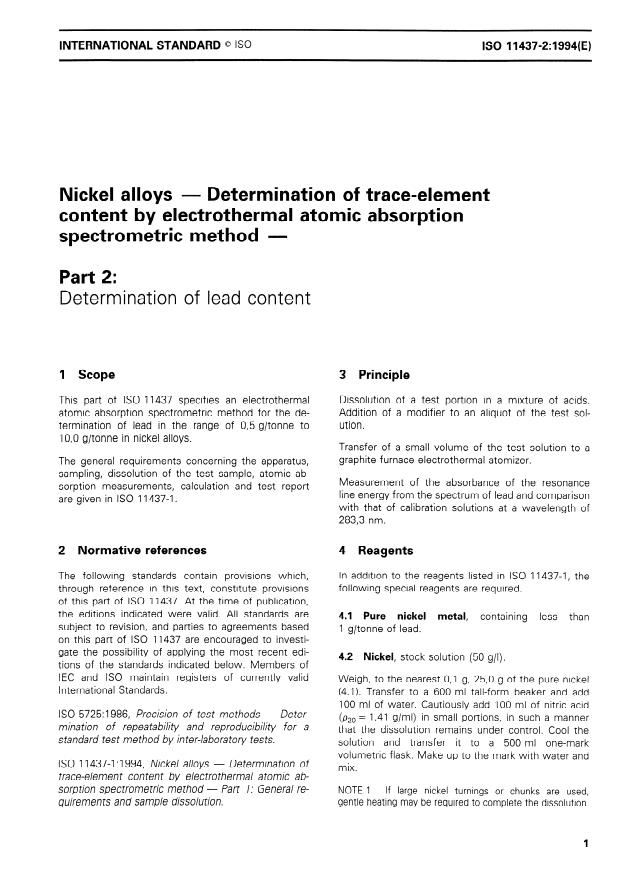 ISO 11437-2:1994 - Nickel alloys -- Determination of trace-element content by electrothermal atomic absorption spectrometric method