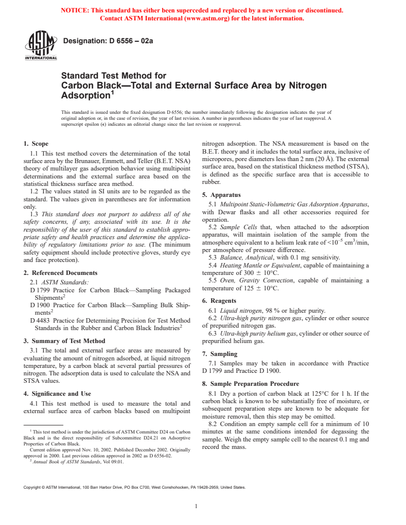 ASTM D6556-02a - Standard Test Method for Carbon Black&#8212;Total and External Surface Area by Nitrogen Adsorption