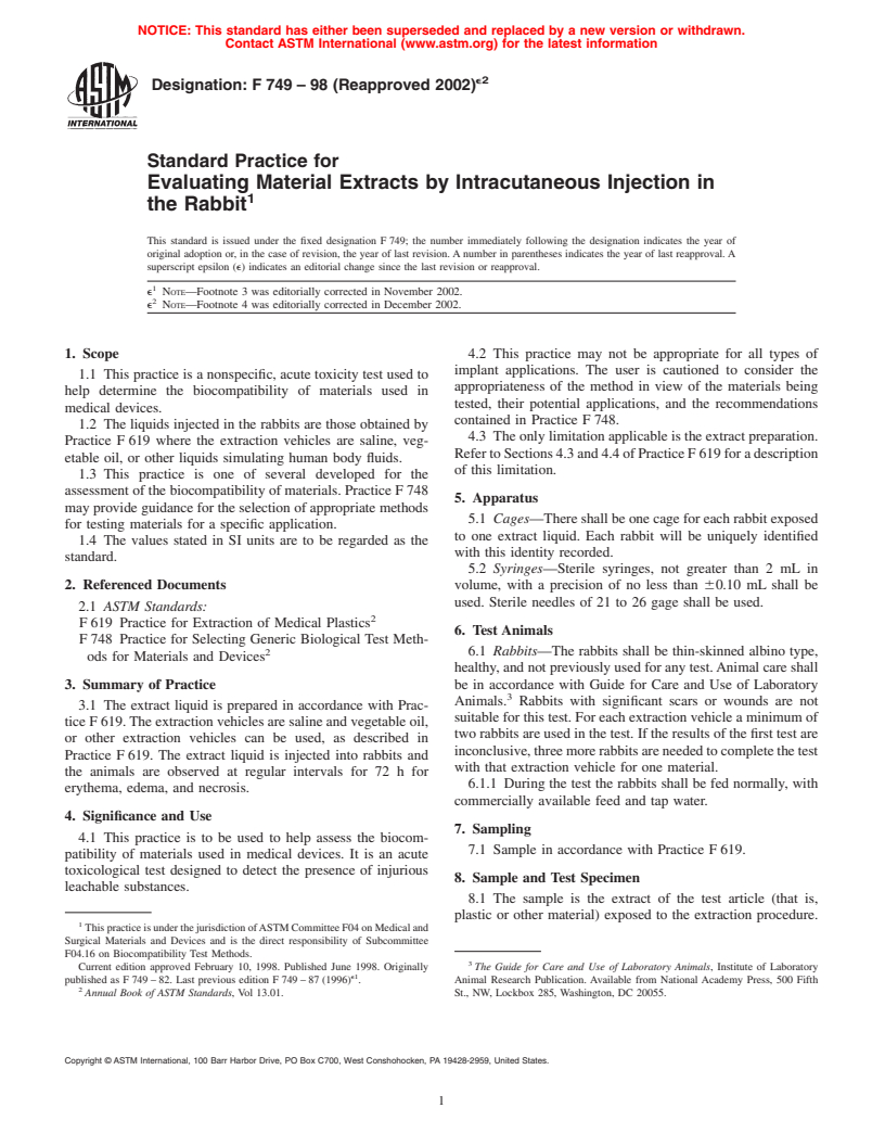 ASTM F749-98(2002)e2 - Standard Practice for Evaluating Material Extracts by Intracutaneous Injection in the Rabbit