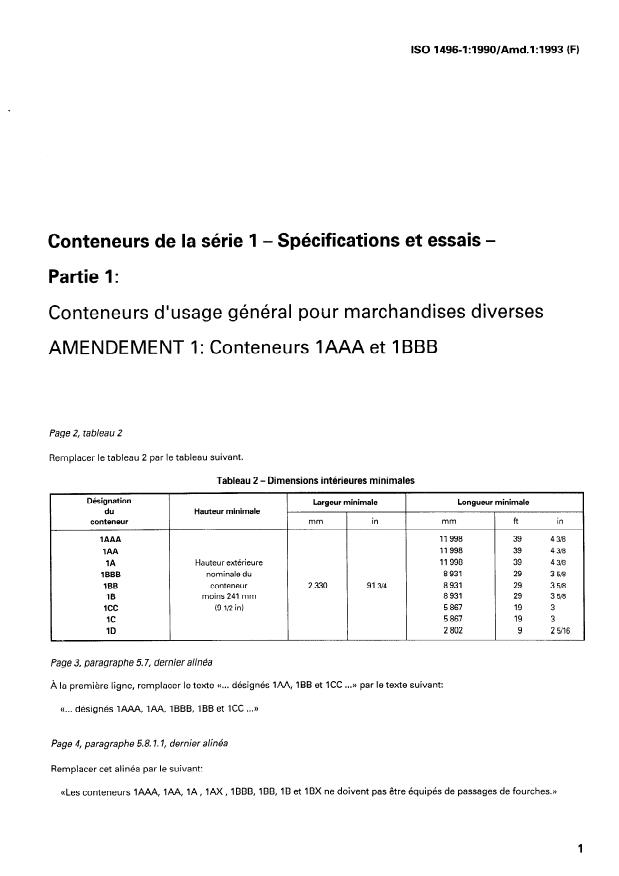 ISO 1496-1:1990/Amd 1:1993 - Conteneurs 1AAA et 1BBB
